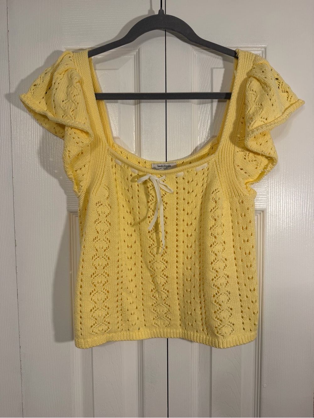 Haute Hippie Pointelle Knit Flutter Sleeve Top XL Yellow